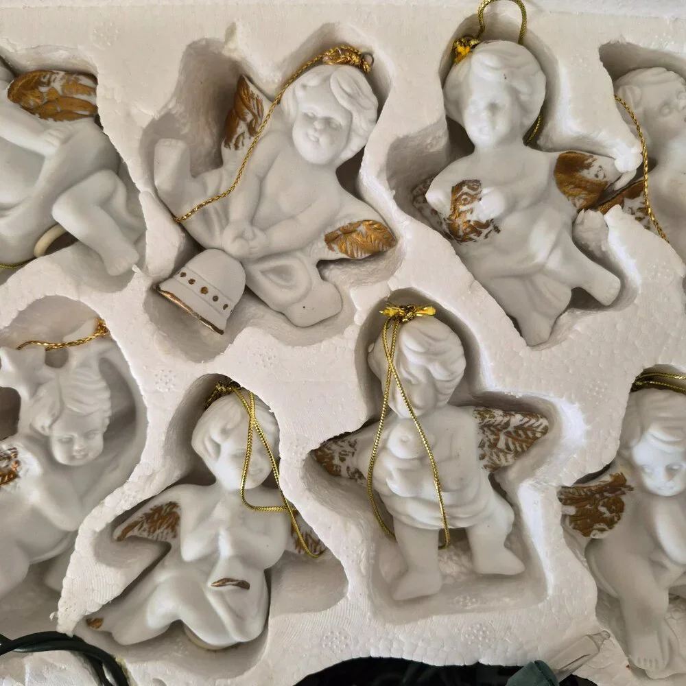 Vintage Lighted Porcelain Cherubs Strand Indoor Lights Set of 10 White Gold
